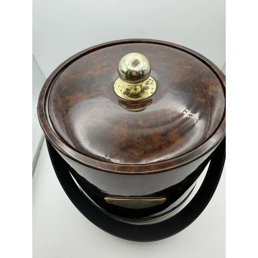 Vintage Faux Burl Wood Ice Bucket Brass Tone MCM Barware Vinyl Woodgrain